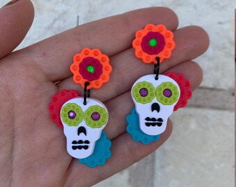 Boucles d’oreilles Dia De Los Muertos Sugar Skull - Argile polymère coloré vif et cristaux Swarovski