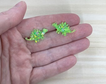 Sparkly Green Dinosaur - Stegosaurus - Resin Stud Earrings