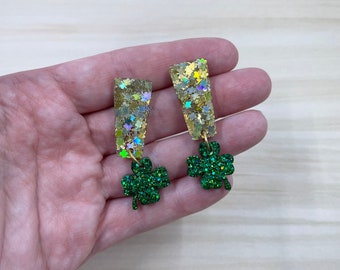 St. Patrick’s Lucky 4 Leaf Clovers - Glitter Resin Dangle Earrings