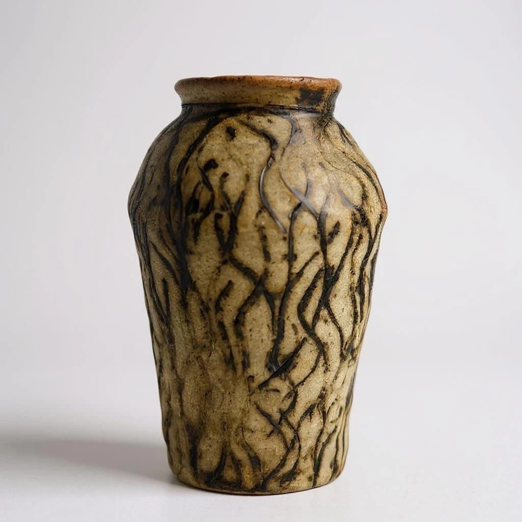 Vintage Japanese Pottery Vase Mid Century Modern Style Hand-Carved Stoneware