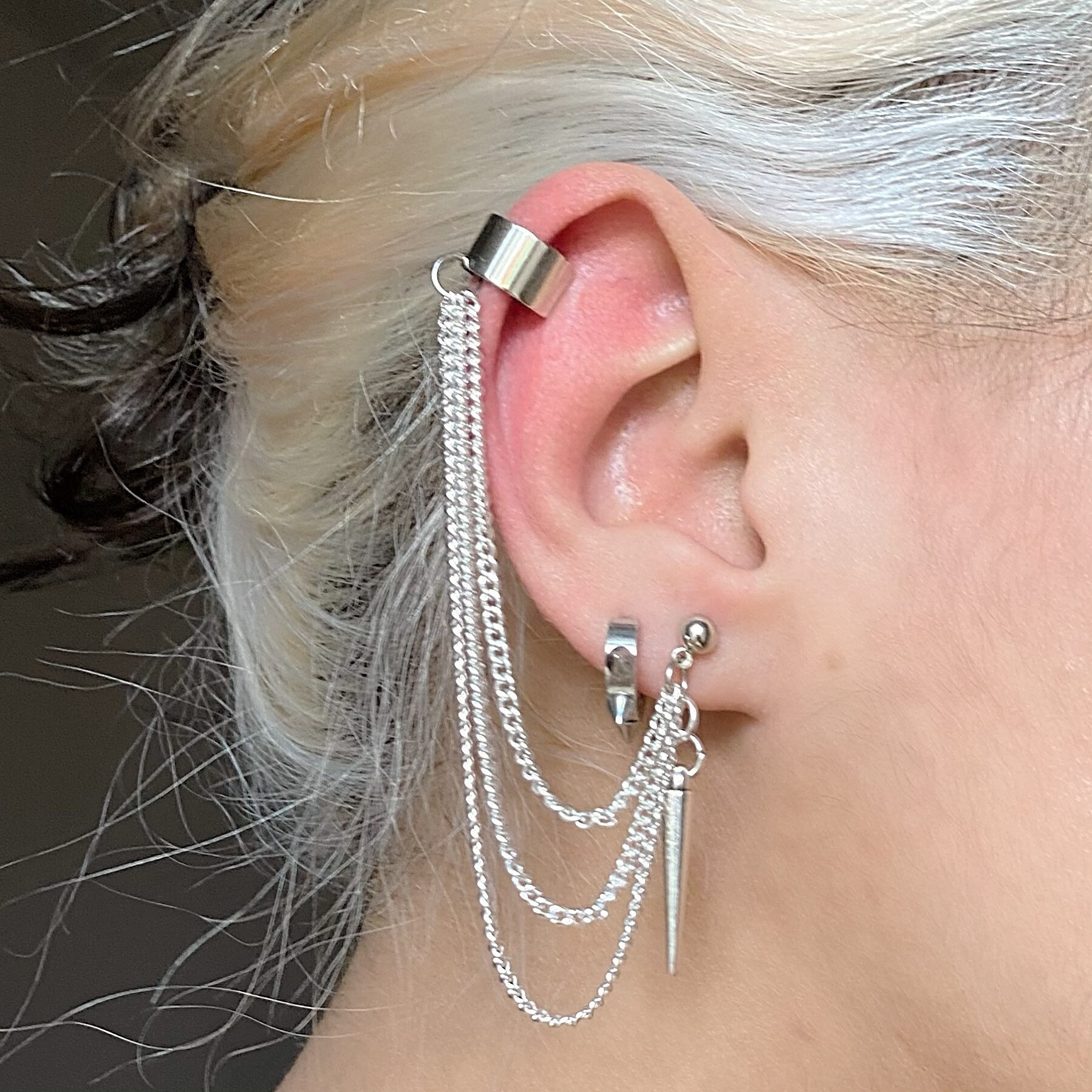 Silver Chain Cuff Earrings / Spike Moon Charm Cuff Chain Etsy