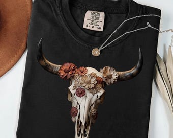 Floral Steer Skull PNG, Western Cow Skull Clipart, Boho Sublimation Design