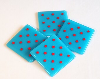 Coaster glass, red polka dots on blue background, for a gift for Birthday, Christmas, wedding or just for you at home