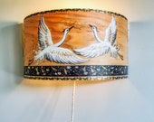 Cranes- for good fortune and longevity -wooden hand painted lamp shade, 3d Art, Cylindrical Half Shade Wall Light.