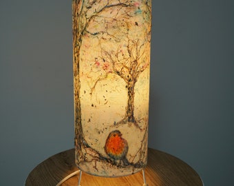 Made to Order * Curious Robin. Hand Crafted and Hand Painted  Original Art Lampshade. Table lamp. Mood Light