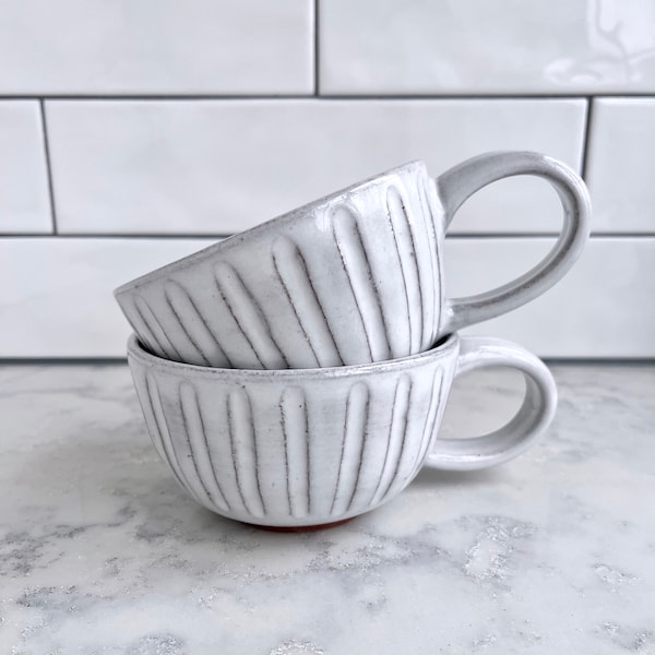 Pair of Hand-Carved Ceramic Latte Mugs