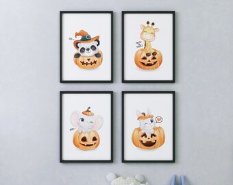 かわいいハロウィーンのプリント4枚セット、ハロウィーンプリントセット、女の子と男の子の寝室の装飾、ウォールアート、保育園のプリント、子供部屋のアートプリント