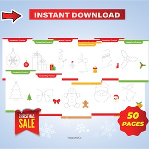 50 Printable CHRISTMAS HANDWRITING PRACTICE Worksheets, Preschool Activity, Kindergarten Activity, Homeschool, Toddler, Preschooler, Pre-K