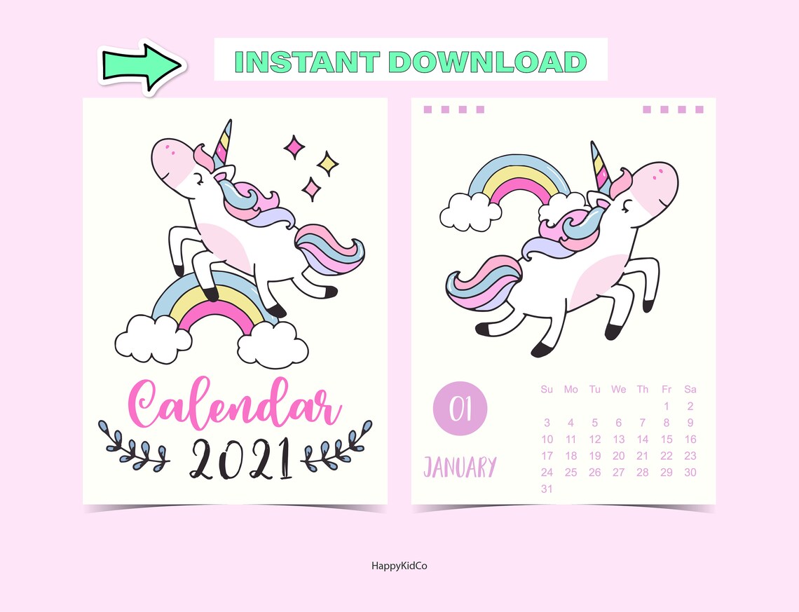 Printable Cute Unicorn Calendar 2021 Calendar for Planner - Etsy