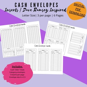 Op de afbeelding: Printbare cash envelope-inlays geïnspireerd door Dave Ramsey. De printbare vellen zijn letterformaat en bevatten 3 inlays per pagina. De inlays zijn ontworpen voor gebruik met enveloppen van 15,24 x 8,89 cm.
