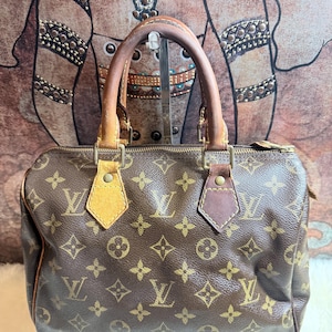 May include: A brown handbag featuring the iconic Louis Vuitton monogram pattern in gold. The bag has two rounded leather handles, a top zipper closure, and distinct leather tabs at the base of each handle with gold-tone metal hardware rivets.