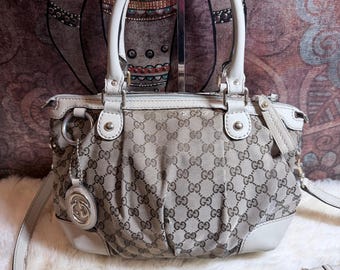 Authentic Beige/White GG Canvas Sukey Top Handle Bag