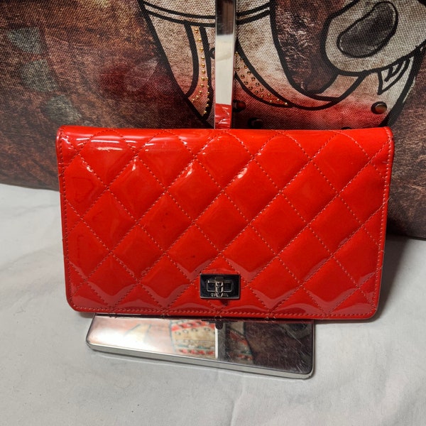 Clearance SALE!Authentic Chanel Orange Quilted Patent Leather Reissue L Yen Wallet