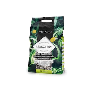 May include: A bag of LECHUZA-PON potting substrate for houseplants. The bag is green and black with a white diamond-shaped label that reads "LECHUZA-PON". The bag contains 6 L (0.21 cu ft) of substrate and is perfect for all houseplants and potted plants.