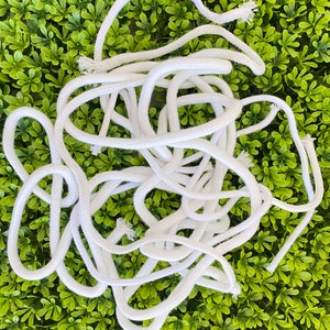 May include: White rope, tightly coiled and tangled, against a backdrop of green foliage. The rope appears to be made of a thick, woven material. The ends of the rope are frayed, suggesting it has been cut.