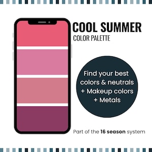 May include: A smartphone displays a color palette with shades of pink and purple. The text "COOL SUMMER COLOR PALETTE" is above the phone. A dark teal circle contains text about finding colors, makeup, and metals. The text "Part of the 16 season system" is at the bottom.