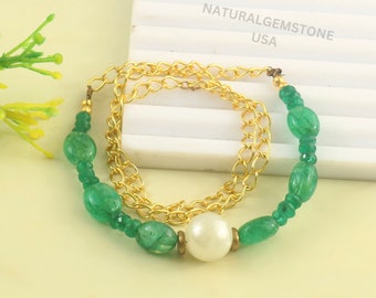 Natürliches Smaragd Perlen Armband: Handgemachter Grüner Edelstein Schmuck