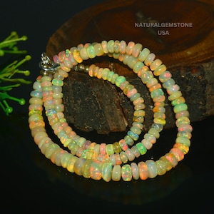 Ethiopian Opal Beads Necklace: Multi Fire Rondelle Gemstone, 17.5 Inches