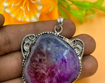 Beautiful Rainbow Solar Quartz Druzy Pendant, 925 Sterling Silver Pendant, Handmade Vintage Jewelry, Rainbow Solar Quartz Silver Pendant