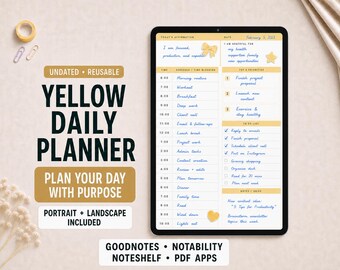 Yellow Daily Schedule Planner Insert for Goodnotes | Hourly Time Block, To Do List and Gratitude Page | Portrait and Landscape PDF
