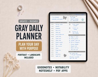 Gray Daily Schedule Planner Insert for Goodnotes | Hourly Time Block, To Do List and Gratitude Page | Portrait and Landscape PDF