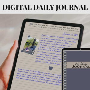 May include: A digital daily journal displayed on two tablet screens. One screen shows a lined page with blue handwritten text, a photo of a balcony, and a heart icon. The other screen shows a cover page with the text My Daily Journal.