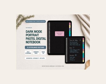 Dark Mode Digital Notebook for Goodnotes: 15-Section Portrait Journal