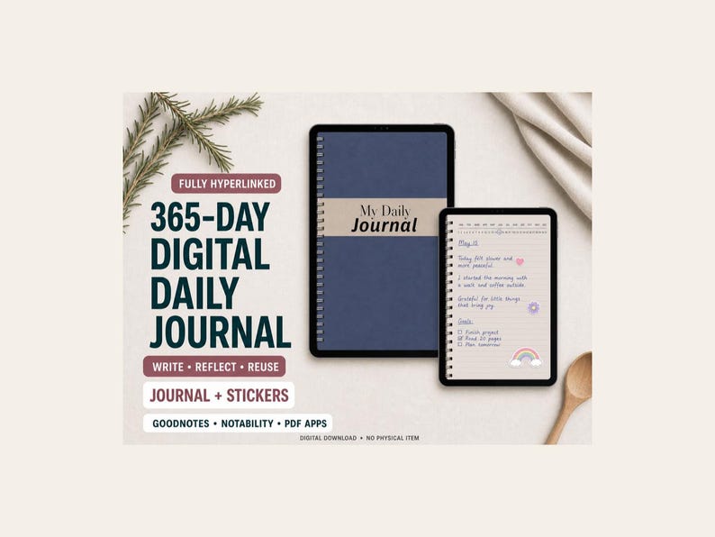 May include: A digital daily journal displayed on two tablets, featuring a blue cover with the text My Daily Journal and an open page with handwritten notes, stickers, and the text 365-DAY DIGITAL DAILY JOURNAL, FULLY HYPERLINKED, WRITE, REFLECT, REUSE.
