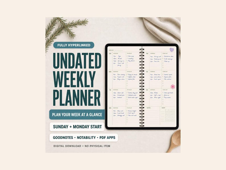 May include: A digital undated weekly planner displayed on a tablet screen with a spiral binding. The text reads FULLY HYPERLINKED, UNDATED WEEKLY PLANNER, PLAN YOUR WEEK AT A GLANCE, SUNDAY + MONDAY START, GOODNOTES + NOTABILITY + PDF APPS, DIGITAL DOWNLOAD.