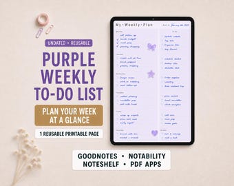 Purple Weekly To Do List for Goodnotes | Digital Weekly Agenda Page, Undated Printable To Do Planner Insert for iPad Notes