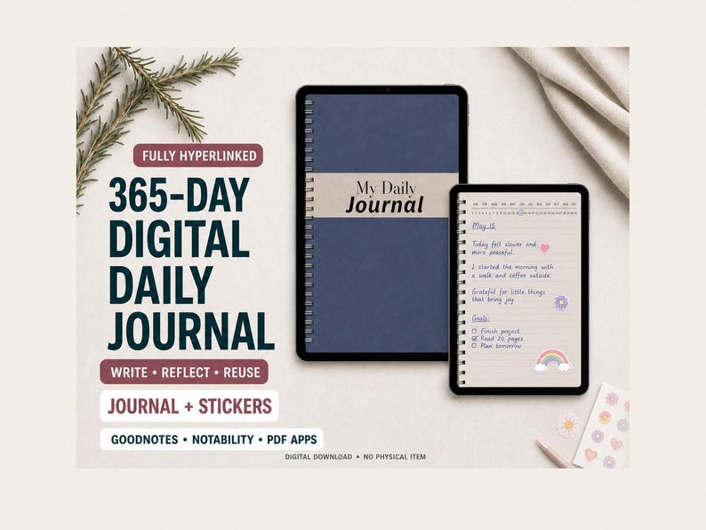 May include: A digital 365-day daily journal displayed on two tablets, featuring a blue cover with the text My Daily Journal. The screen shows handwritten notes, a to-do list, and small stickers. Text includes 365-DAY DIGITAL DAILY JOURNAL, FULLY HYPERLINKED, WRITE REFLECT REUSE, JOURNAL + STICKERS, and GOODNOTES NOTABILITY PDF APPS.
