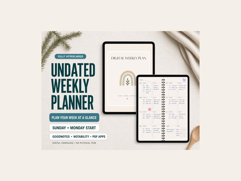 May include: A digital weekly planner displayed on two tablets. The text reads Undated Weekly Planner, Fully Hyperlinked, Plan Your Week At A Glance, Sunday + Monday Start, Goodnotes, Notability, PDF Apps, and Digital Download No Physical Item.