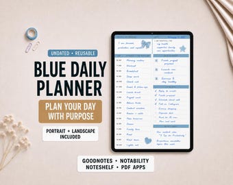 Blue Daily Schedule Planner Insert for Goodnotes | Hourly Time Block, To Do List and Gratitude Page | Portrait and Landscape PDF