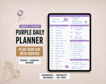 Purple Daily Schedule Planner Insert for Goodnotes | Hourly Time Block, To Do List and Gratitude Page | Portrait and Landscape PDF
