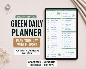 Green Daily Schedule Planner Insert for Goodnotes | Hourly Time Block, To Do List and Gratitude Page | Portrait and Landscape PDF
