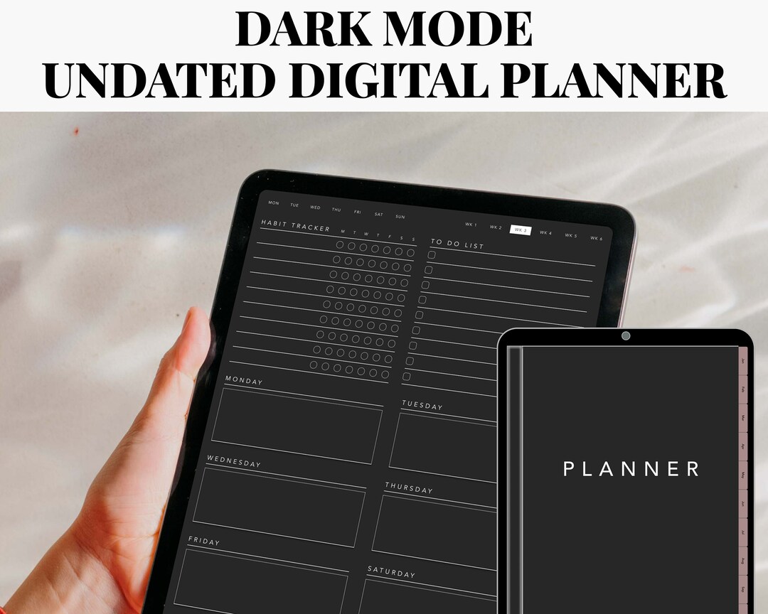 Undated Dark Mode Digital Planner, Daily Undated Planner Digital ...