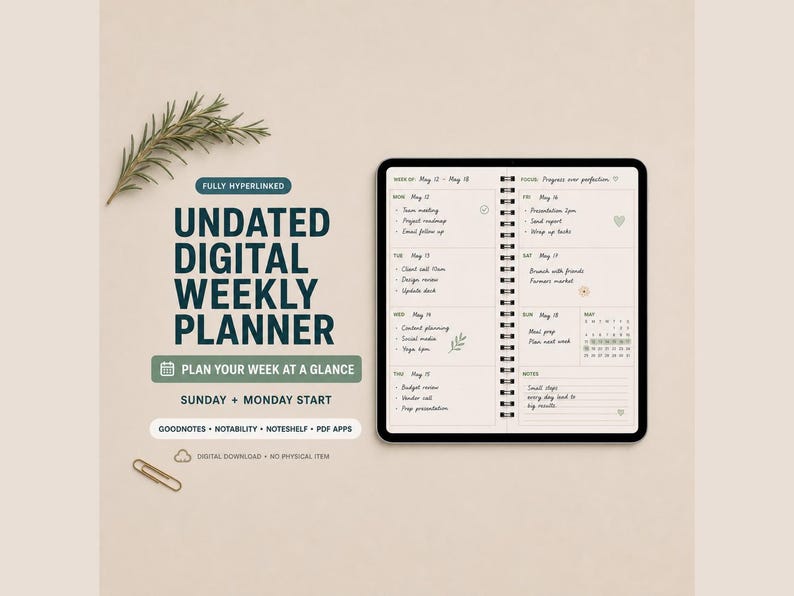May include: An undated digital weekly planner displayed on a tablet screen, featuring a spiral-bound layout with daily task lists, a monthly calendar, and notes section. Text includes 'UNDATED DIGITAL WEEKLY PLANNER' and 'PLAN YOUR WEEK AT A GLANCE'.