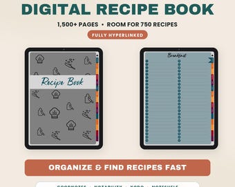 Digital Cookbook for Goodnotes | Hyperlinked Digital Recipe Book PDF | Holds 750 Recipes, 1,500+ Pages | Blank Recipe Organizer iPad