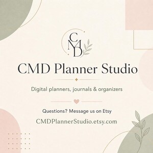 May include: A logo for CMD Planner Studio featuring the text CMD Planner Studio, Digital planners, journals & organizers, and CMDPlannerStudio.etsy.com. The design includes a circular emblem with the letters CMD, a small heart, and leaf motifs.
