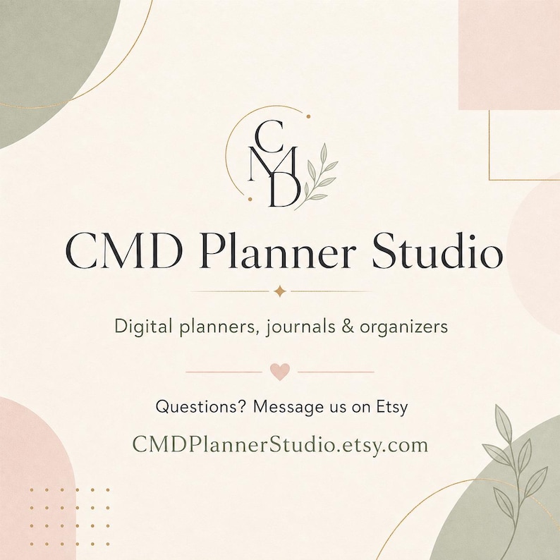 May include: A logo for CMD Planner Studio featuring the text CMD Planner Studio, Digital planners, journals & organizers, and CMDPlannerStudio.etsy.com. The design includes a circular emblem with the letters CMD, a small heart, and leaf motifs.
