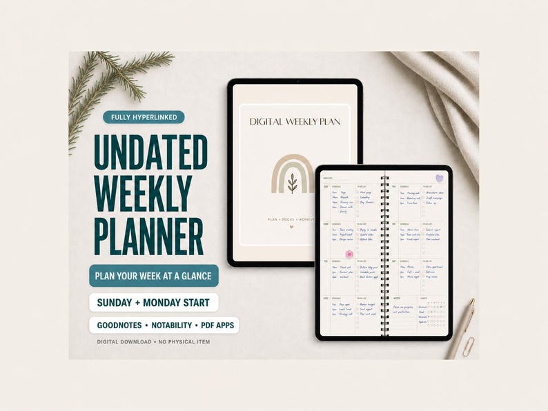 May include: A digital weekly planner displayed on two tablets. The text reads: FULLY HYPERLINKED, UNDATED WEEKLY PLANNER, PLAN YOUR WEEK AT A GLANCE, SUNDAY + MONDAY START, GOODNOTES + NOTABILITY + PDF APPS. The screen shows a rainbow graphic.