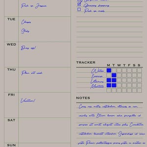 May include: A beige weekly planner page featuring a column for days of the week, a to-do list with checkboxes, a habit tracker grid, and a notes section. The text is written in blue ink, including headings like WEEKLY PLAN and TO DO LIST.
