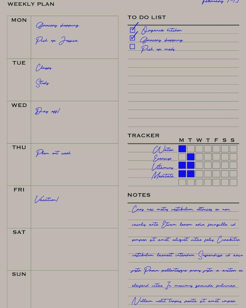 May include: A beige weekly planner page featuring a column for days of the week, a to-do list with checkboxes, a habit tracker grid, and a notes section. The text is written in blue ink, including headings like WEEKLY PLAN and TO DO LIST.