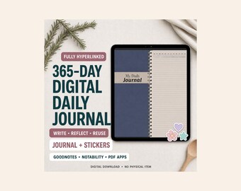 365 Day Digital Journal for Goodnotes | Daily Hyperlinked Journal PDF with Bonus Stickers | iPad Digital Journal Notebook