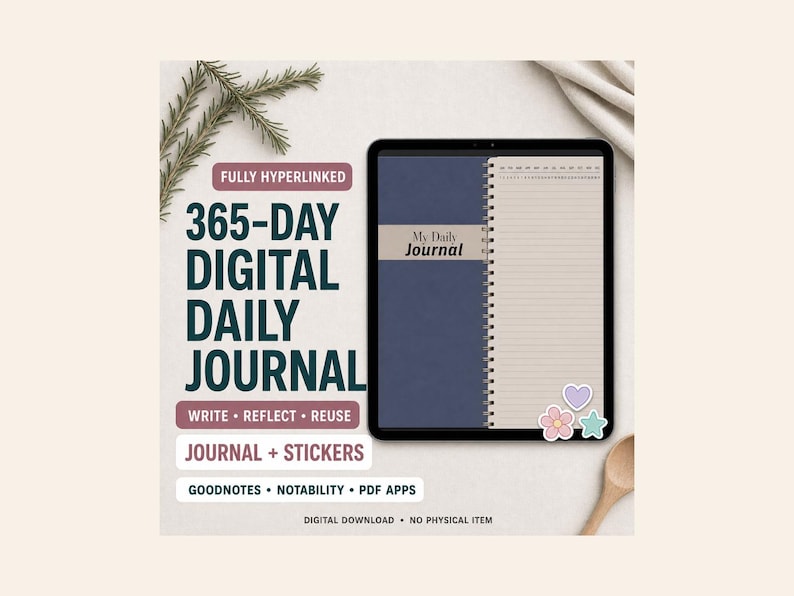 May include: A digital tablet displaying a 365-day digital daily journal with a blue cover and lined pages. Text reads: FULLY HYPERLINKED 365-DAY DIGITAL DAILY JOURNAL, WRITE REFLECT REUSE, JOURNAL + STICKERS, GOODNOTES NOTABILITY PDF APPS, DIGITAL DOWNLOAD.