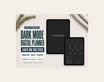 Dark Mode Undated Digital Planner for Goodnotes: Hyperlinked Journal