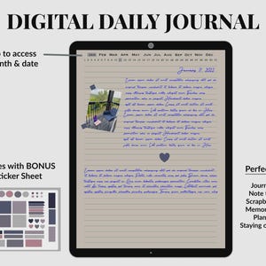 May include: A digital daily journal displayed on a tablet screen with a lined page, a photo of a balcony, blue handwritten text, and a heart icon. The interface includes month and date navigation tabs. A bonus sticker sheet is shown below.