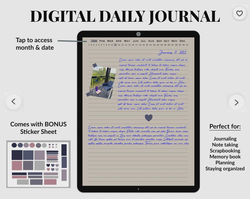May include: A digital daily journal displayed on a tablet screen with a lined page, a photo of a balcony, blue handwritten text, and a heart icon. The interface includes month and date navigation tabs. A bonus sticker sheet is shown below.