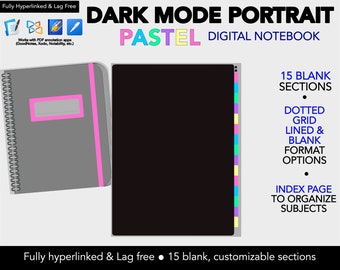 Dark Mode Portrait Pastel Digital Notebook with tabs, goodnotes notebook, digital journal, digital organizer, digital notebook notability
