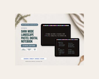 Dark Mode Digital Notebook for Goodnotes | 15-Section Landscape Pastel Journal | Hyperlinked Note Taking PDF for iPad